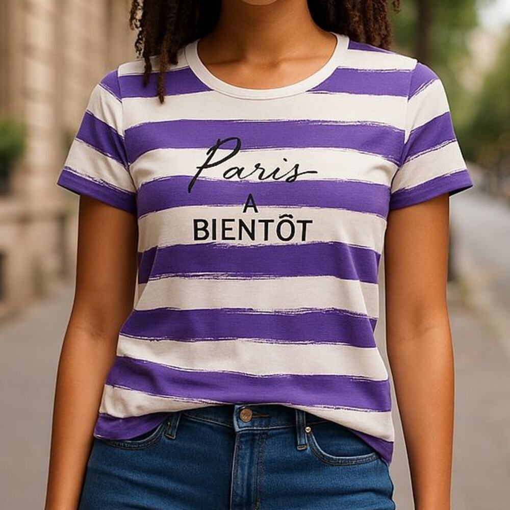 Maeve Anthropologie Paris A Bientot Purple Striped Graphic Baby T-Shirt Size Sm
